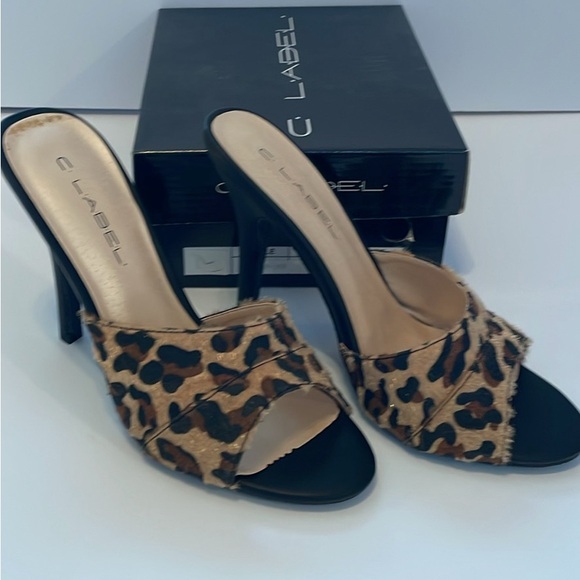 C. Label Black/ Leopard Print Heels Mules Slides size 9 - Picture 2 of 4